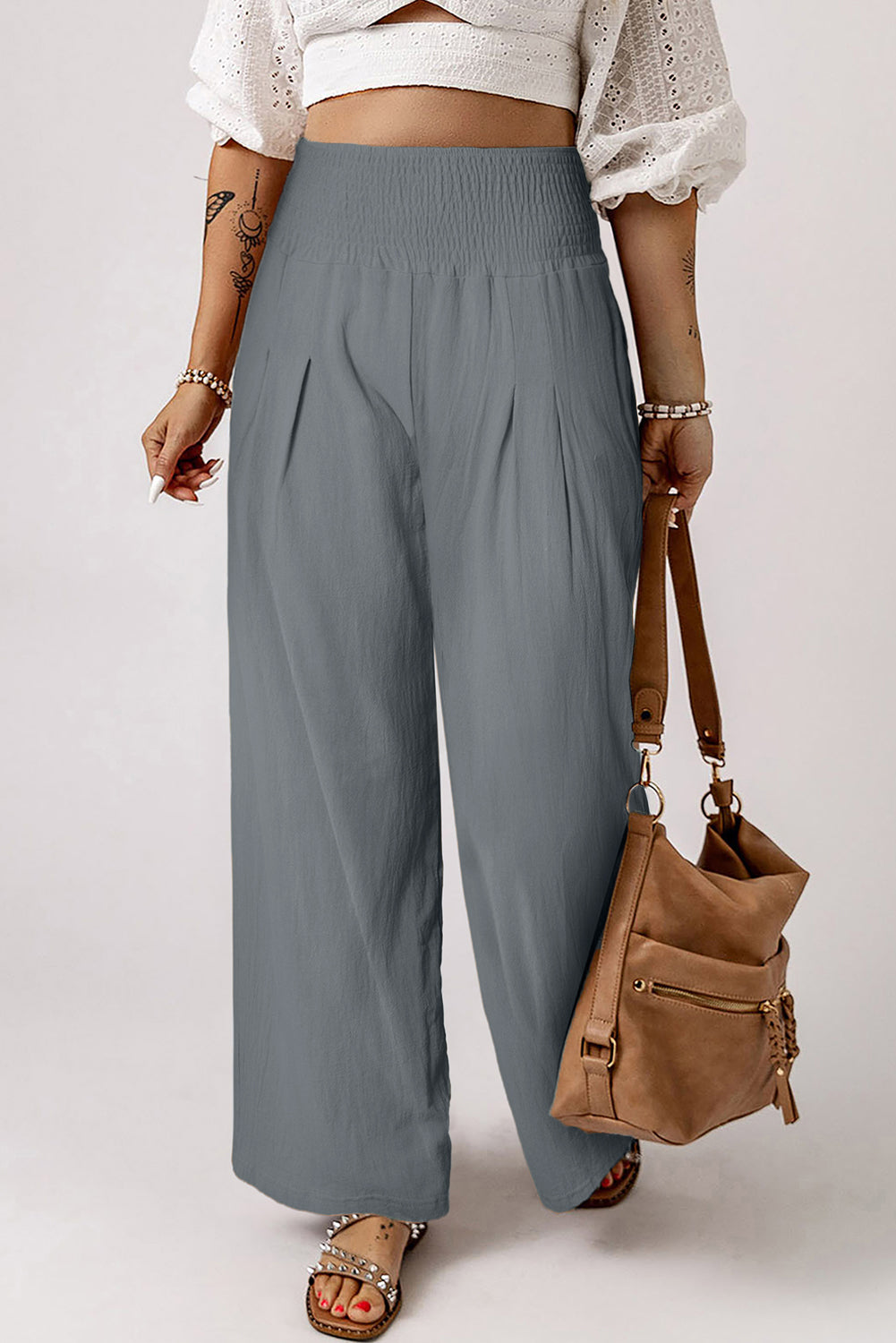 Black Smocked Wide Waistband High Waist Wide Leg PantsMaterial:65%COTTON+35%POLYESTER



		Flattering smocked waistband cinches at the
waist for a lovely silhouette
	
	
		High waist design elongates legs for a
st